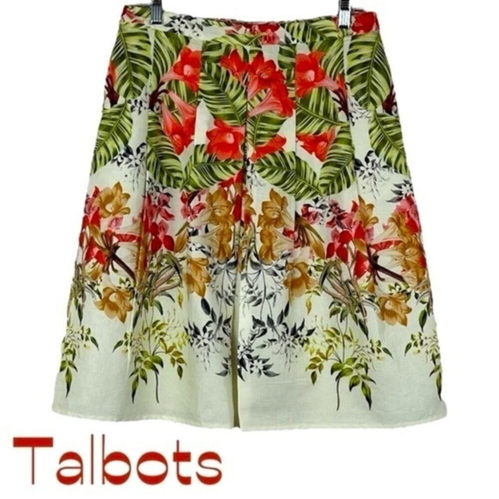 Talbots Cream Red Linen Cotton Pleated CottageCore Tropical Skirt NWOT Size 10P